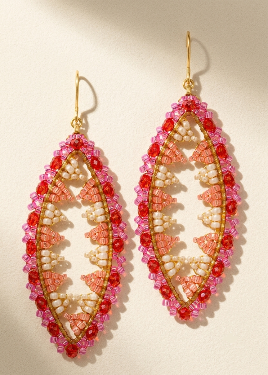 Pair of pink and red beaded marquise earrings with openwork and gold hooks