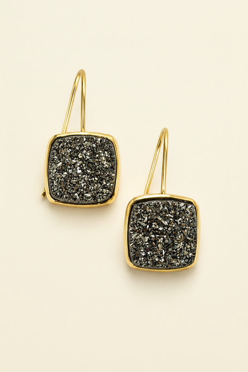 Gold square druzy drop earrings with dark speckled stone and thin wire hooks