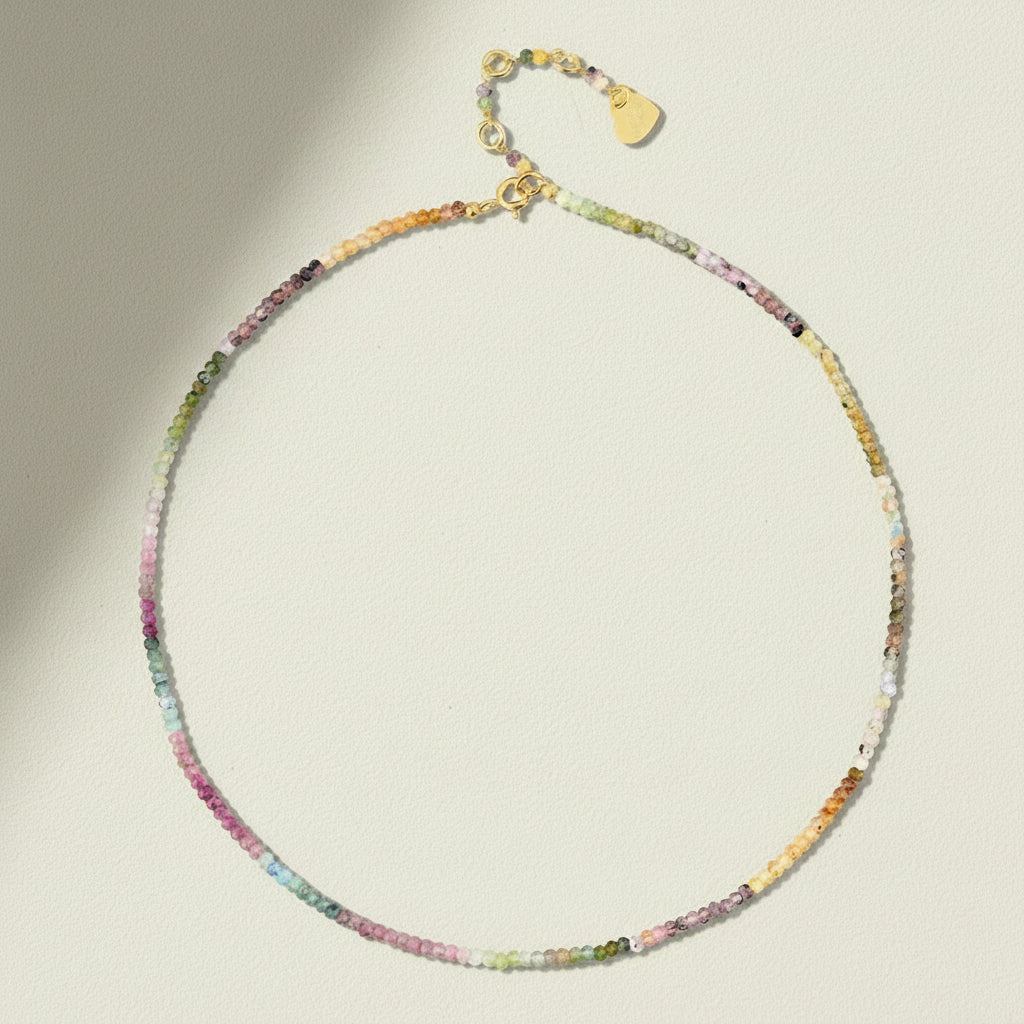 Beaded gemstone choker necklace with multicolor round beads and lobster clasp