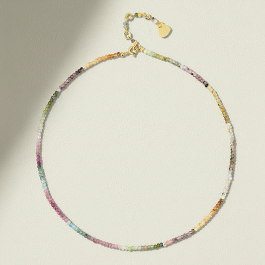Beaded gemstone choker necklace with multicolor round beads and lobster clasp