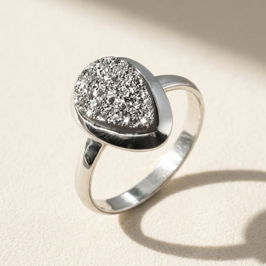 Teardrop druzy ring with silver glitter stone and silver band