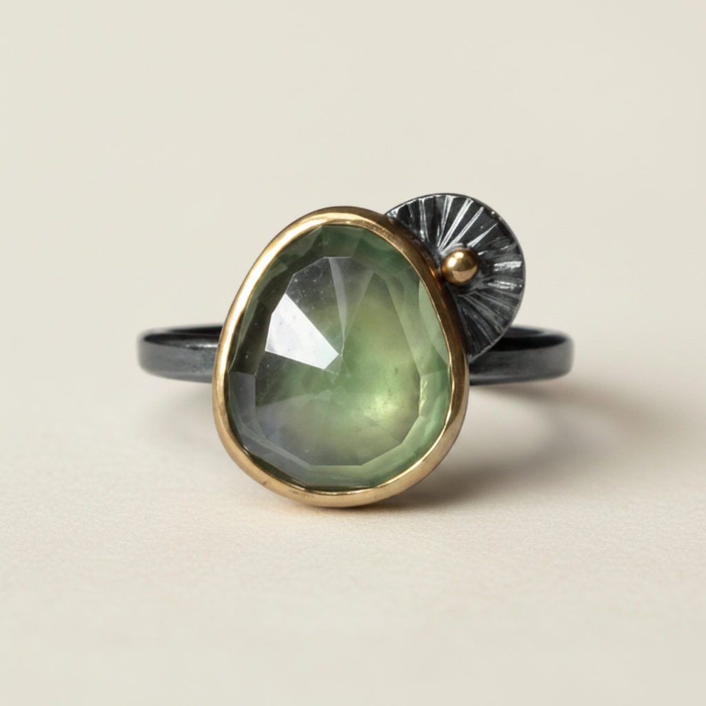 Prehnite gemstone ring with large green round stone, gold bezel, dark band