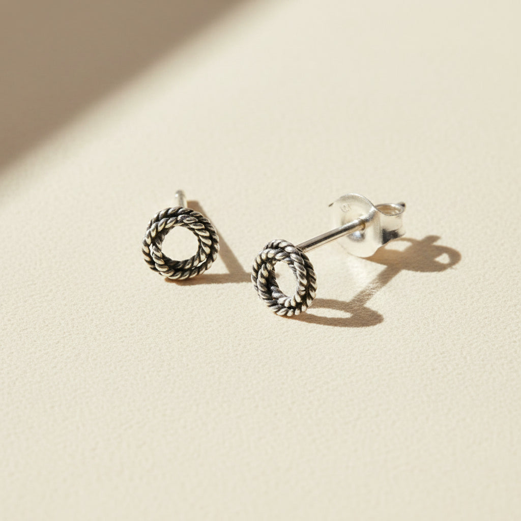 Twisted rope knot loop stud earrings, open braid metal hoops with butterfly backs