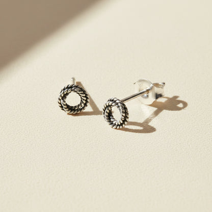 Twisted rope knot loop stud earrings, open braid metal hoops with butterfly backs