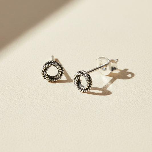 Twisted rope knot loop stud earrings, open braid metal hoops with butterfly backs