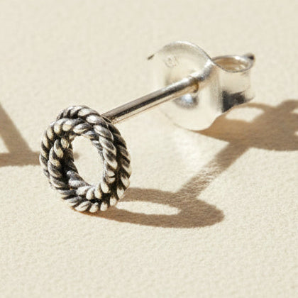 Single twisted rope knot loop stud earring with open braid texture and butterfly back