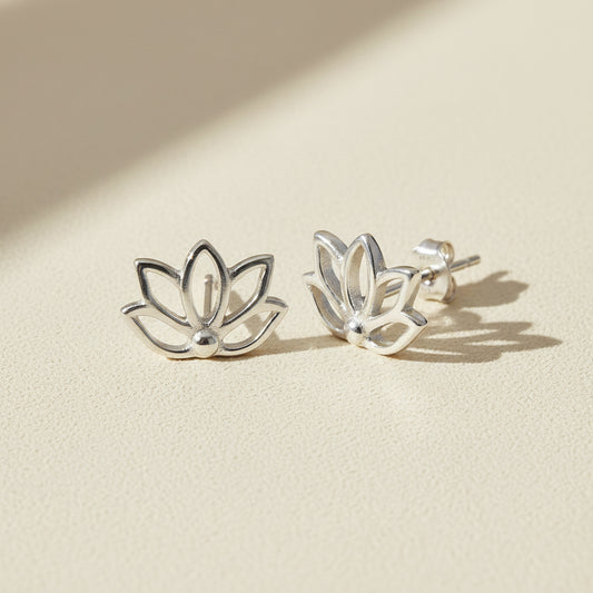 Lotus flower stud earrings, silver-tone double-petal lotus with round post backs