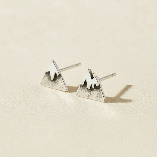 Mountain stud earrings with snow-capped peaks, silver-tone metal.