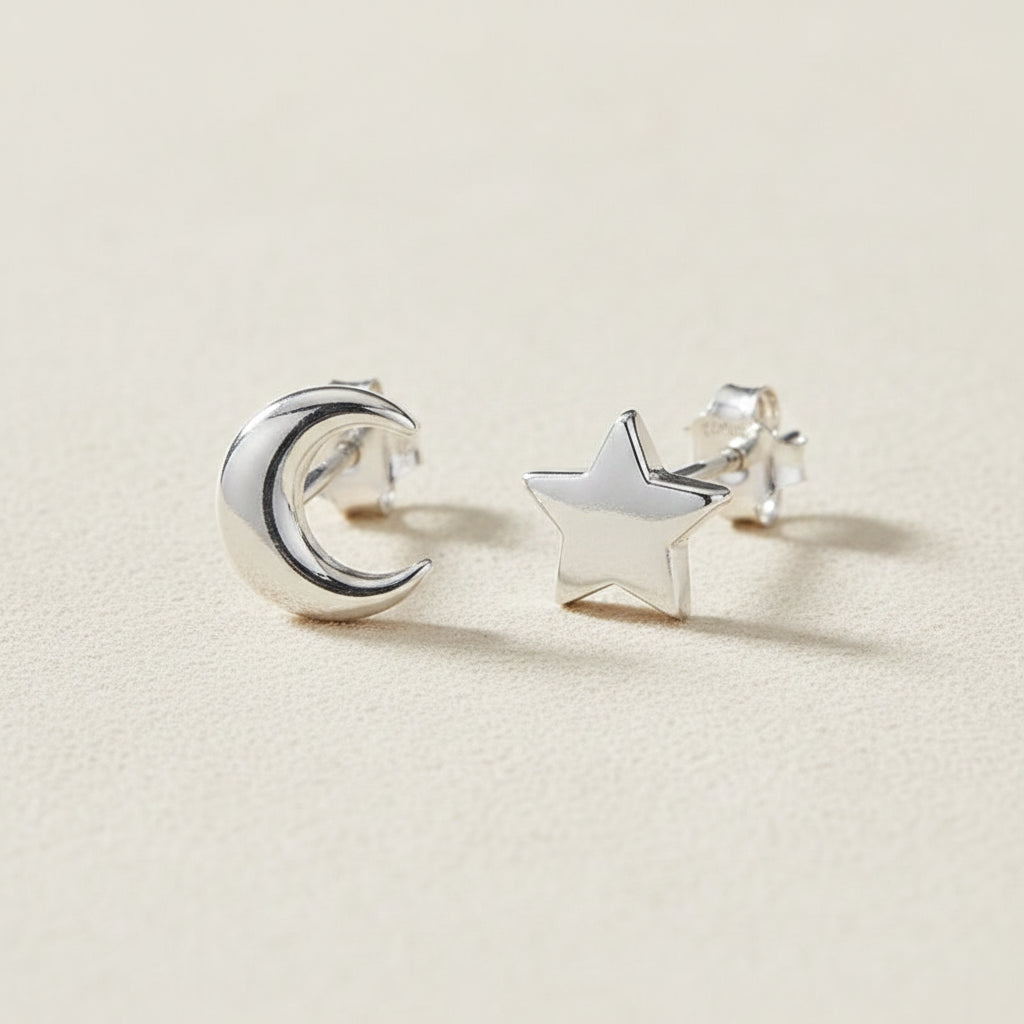 Sterling silver mismatch moon and star stud earrings, moon with crescent cutout
