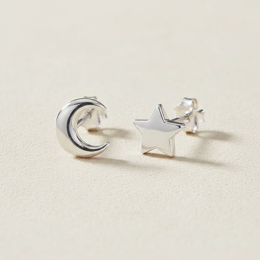 Sterling silver mismatch moon and star stud earrings, moon with crescent cutout