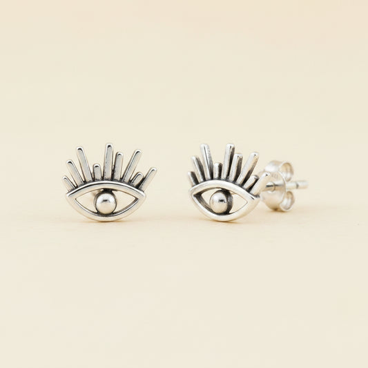 Evil eye protection stud earrings, silver-tone with round center
