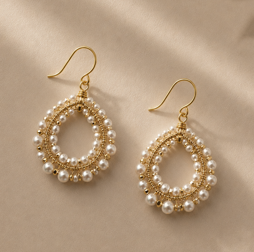 Gold-tone drop earrings with woven pearl circular hoops and dangling pearl fringe