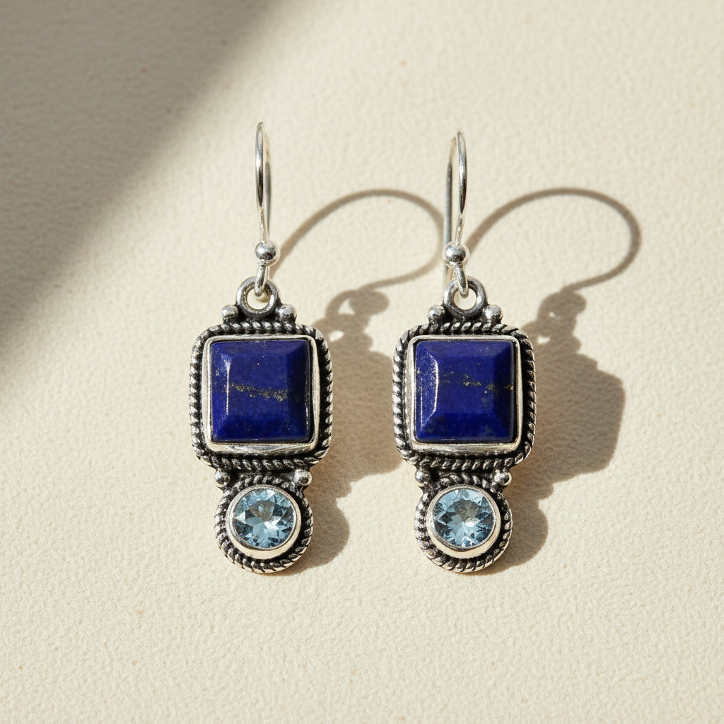 Blue square and round gemstone drop earrings, silver-tone hooks