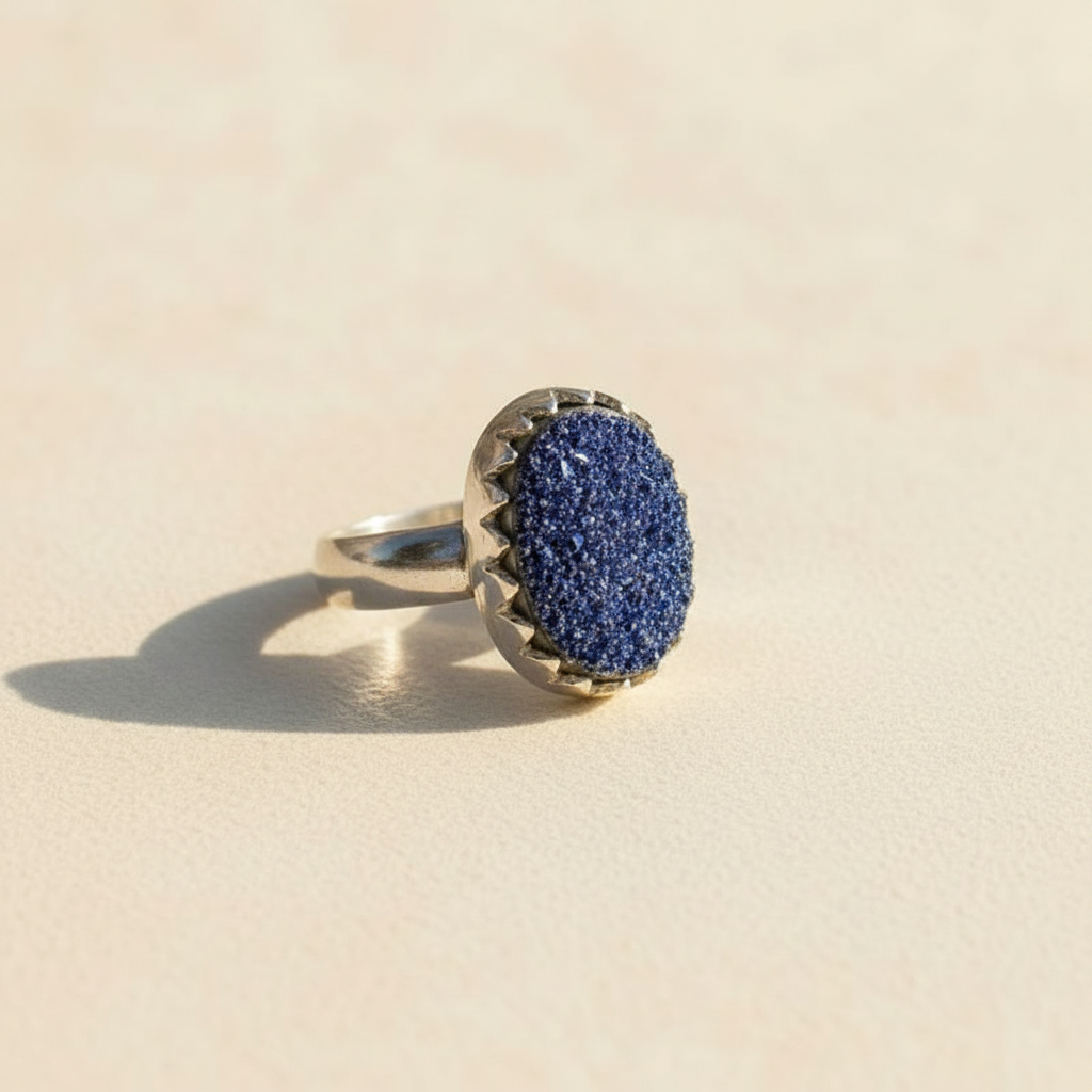 Oval druzy ring with textured blue druzy center and silver-tone shank