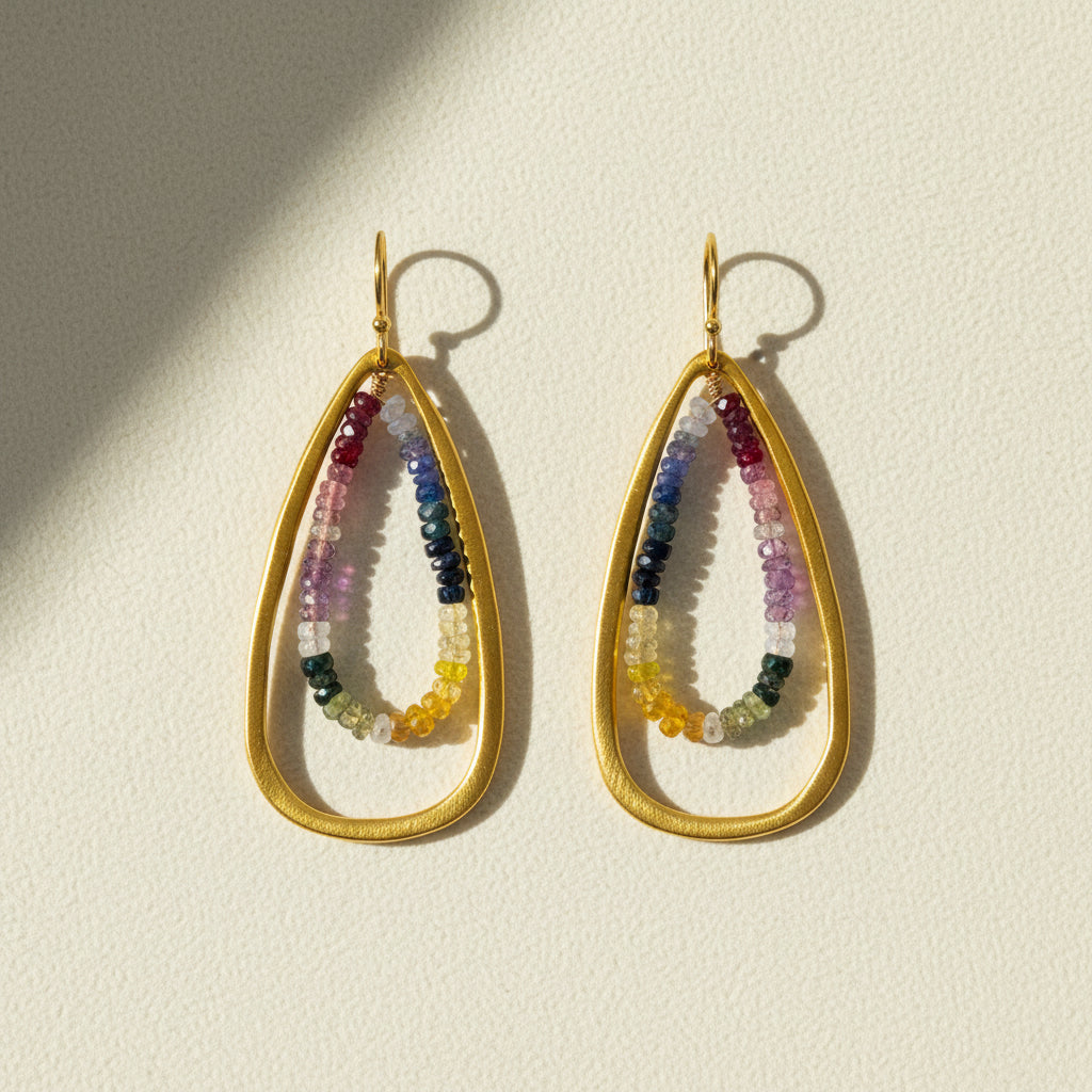 Gold-tone teardrop earrings with multicolor beaded teardrop dangle, lever hooks