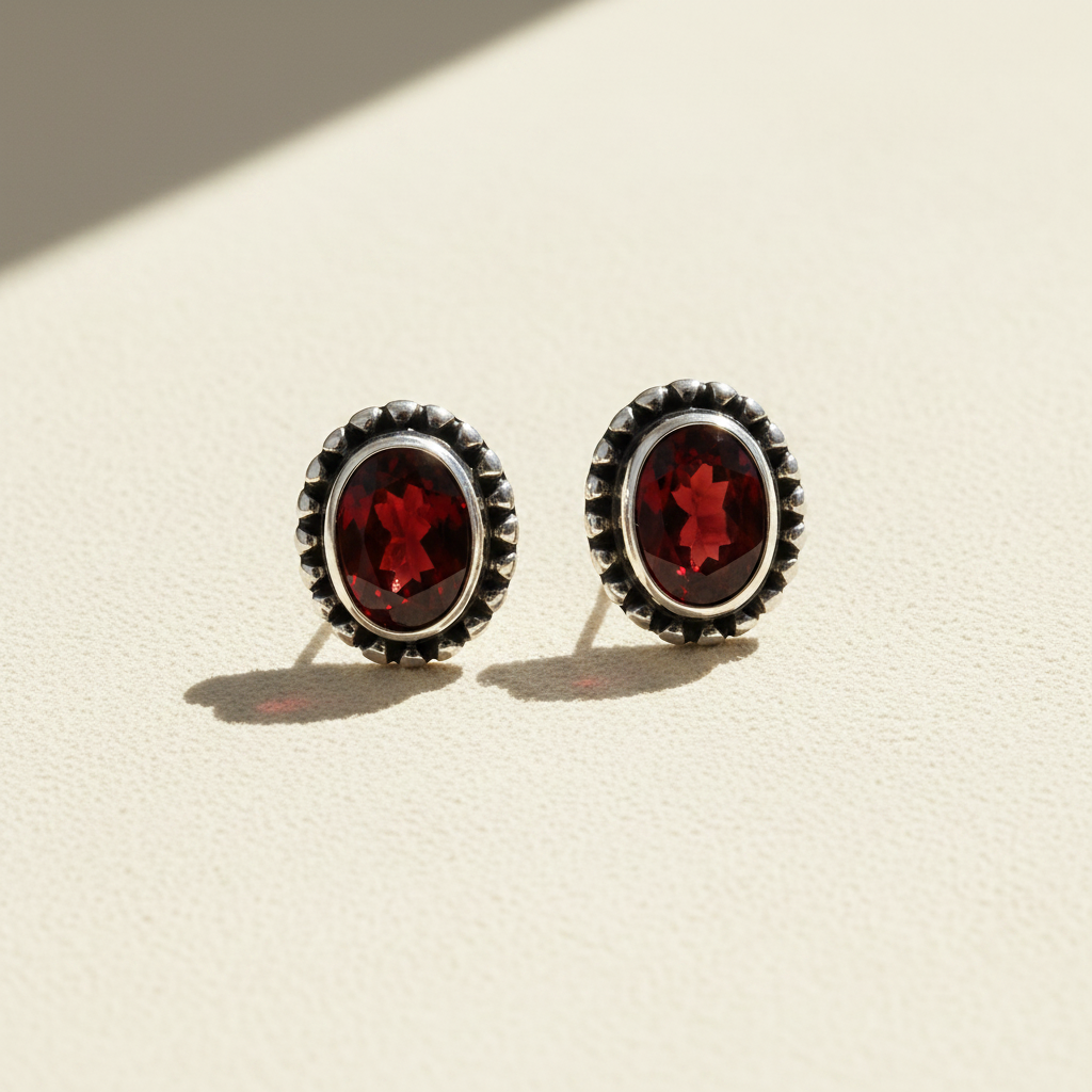 Gemstone stud earrings with deep red oval center and silver beaded halo