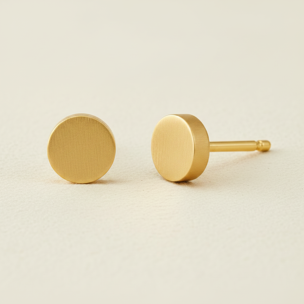 Round gold disc stud earrings with flat circular fronts and metal posts