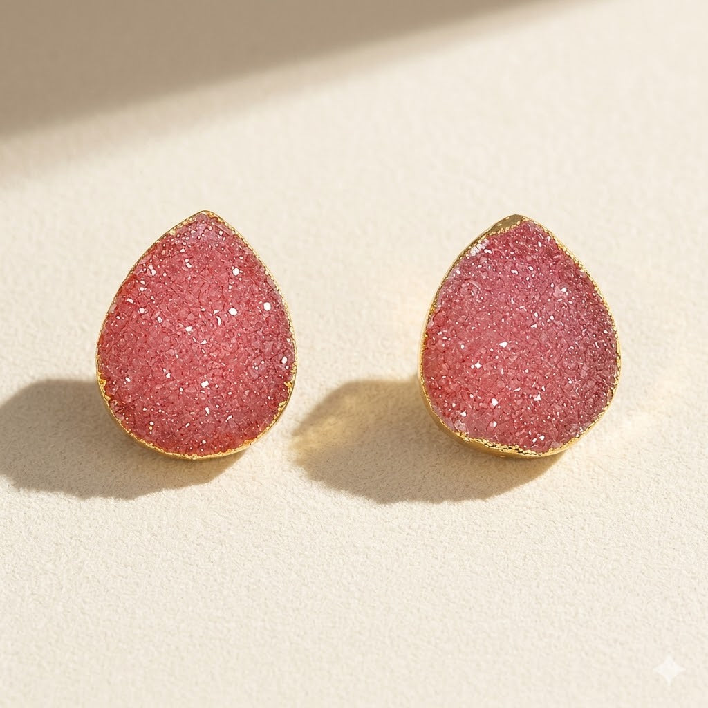 Peach druzy teardrop stud earrings with gold-tone bezel