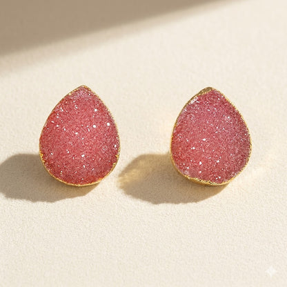 Peach druzy teardrop stud earrings with gold-tone bezel