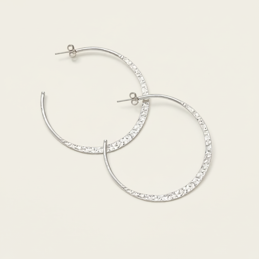 Medium silver hammered hoop earrings with post backs, round textured hoops