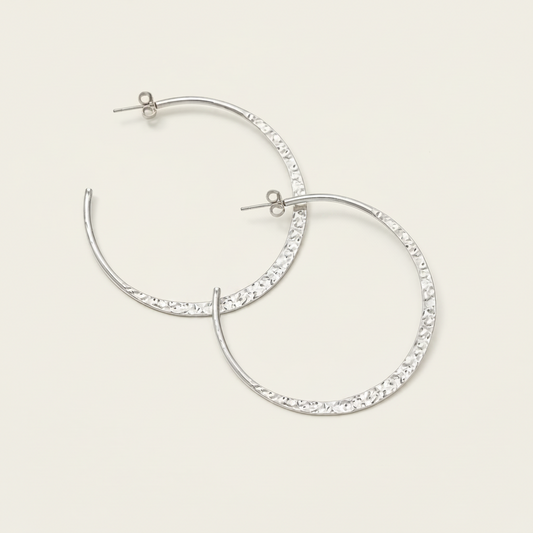 Medium silver hammered hoop earrings with post backs, round textured hoops