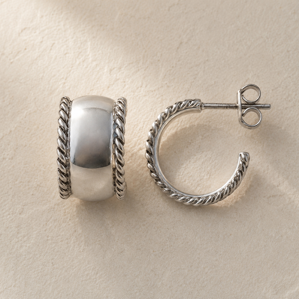 Silver rope-edge hoop earrings with hinged post closure