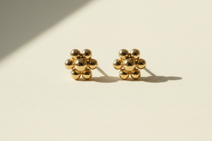 14k yellow gold granulated flower stud earrings with round beaded petals