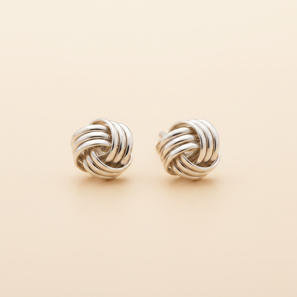Silver-tone twisted knot stud earrings with round braided design