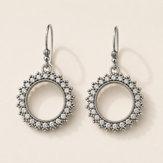 Silver-tone crystal drop earrings with round halo and dangling hoop closure