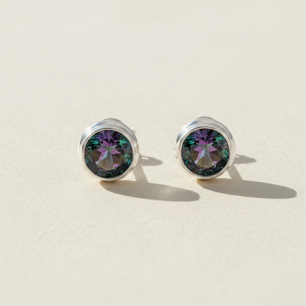 Round silver-tone gemstone stud earrings with purple-green iridescent center
