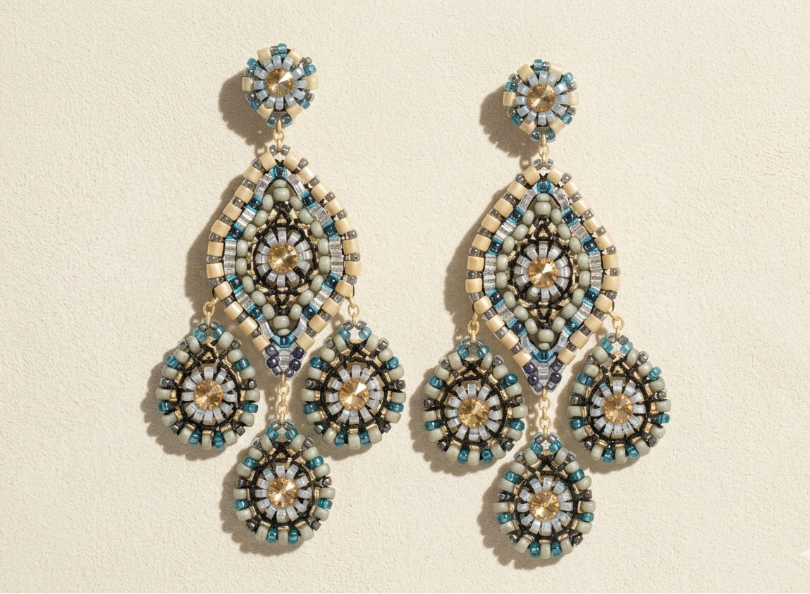 Gold-tone beaded chandelier earrings with blue and dark teardrop bead dangles