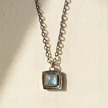 Square moonstone pendant necklace with rainbow iridescent stone and antique silver chain