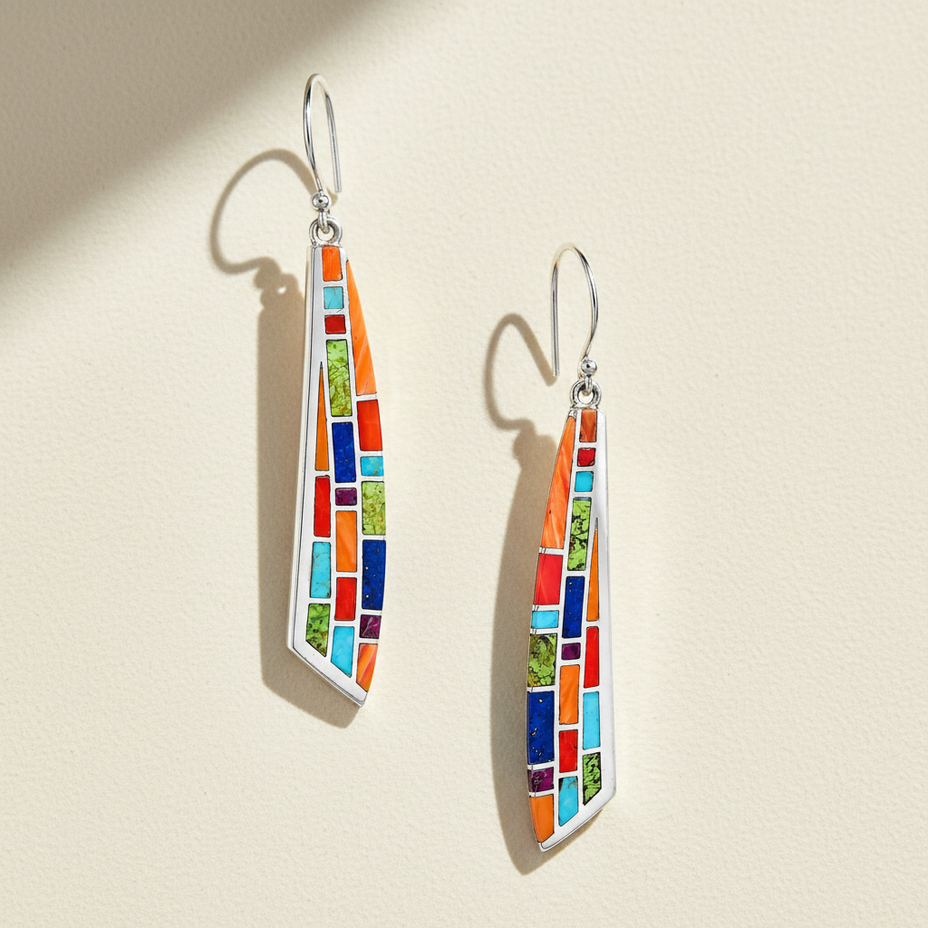 Multicolor mosaic tile drop earrings with silver-tone hooks