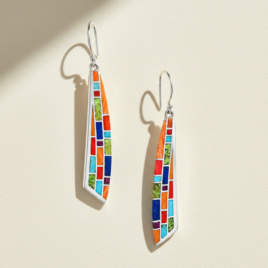 Multicolor mosaic tile drop earrings with silver-tone hooks