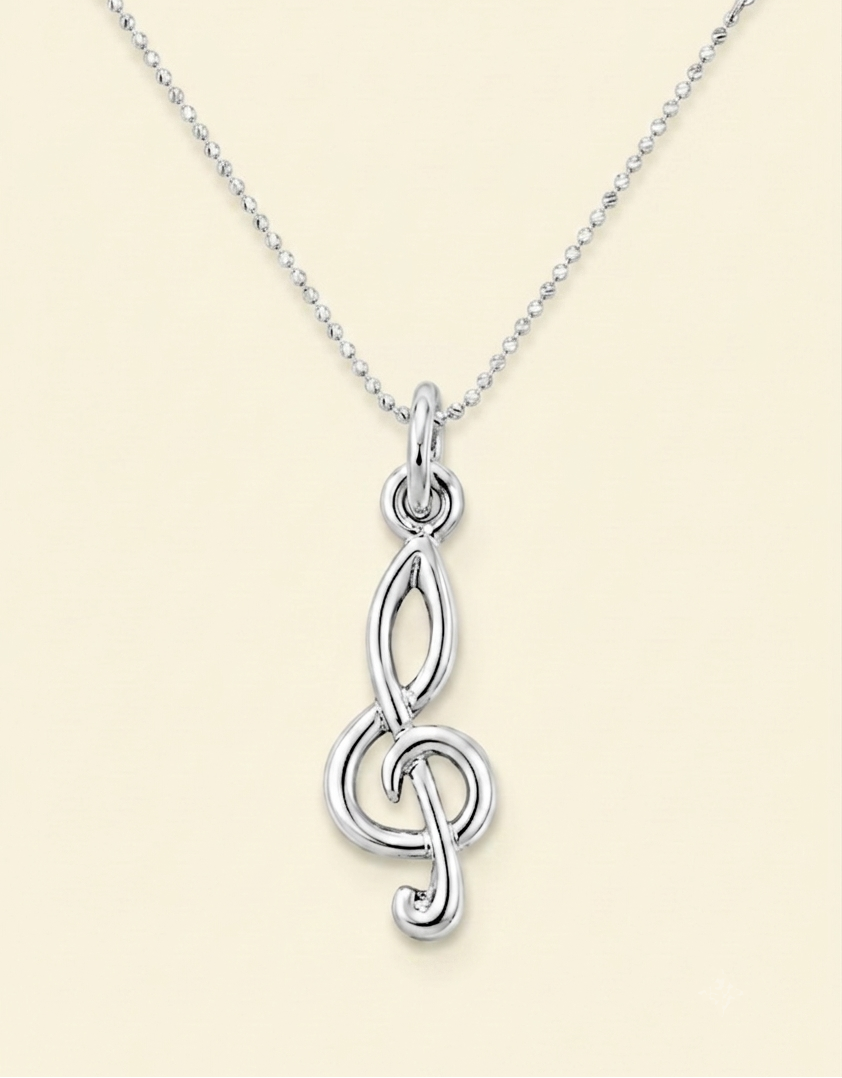Silver-tone treble clef pendant with interlocking loop design on chain