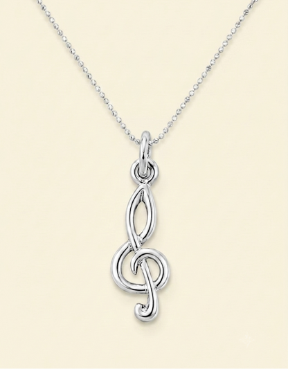 Silver-tone treble clef pendant with interlocking loop design on chain