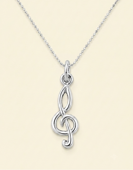 Silver-tone treble clef pendant with interlocking loop design on chain