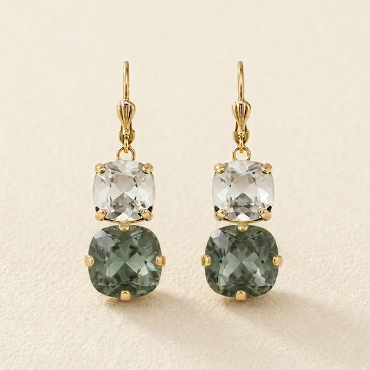 Gold-tone crystal drop earrings with clear and green cushion stones
