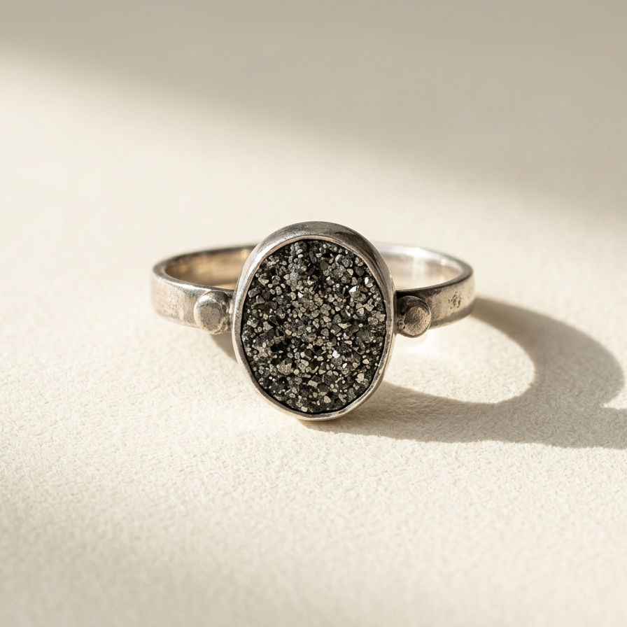 Round druzy ring with black glittery stone bezel and slim silver band