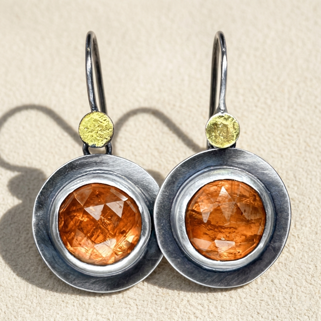 Round dangle earrings with gold top discs, silver circular frames, amber faceted centers
