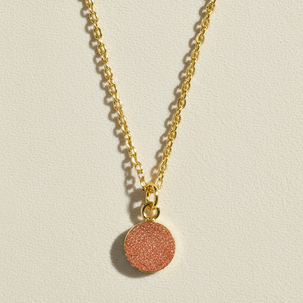 Gold chain druzy pendant necklace with round peach-orange druzy stone
