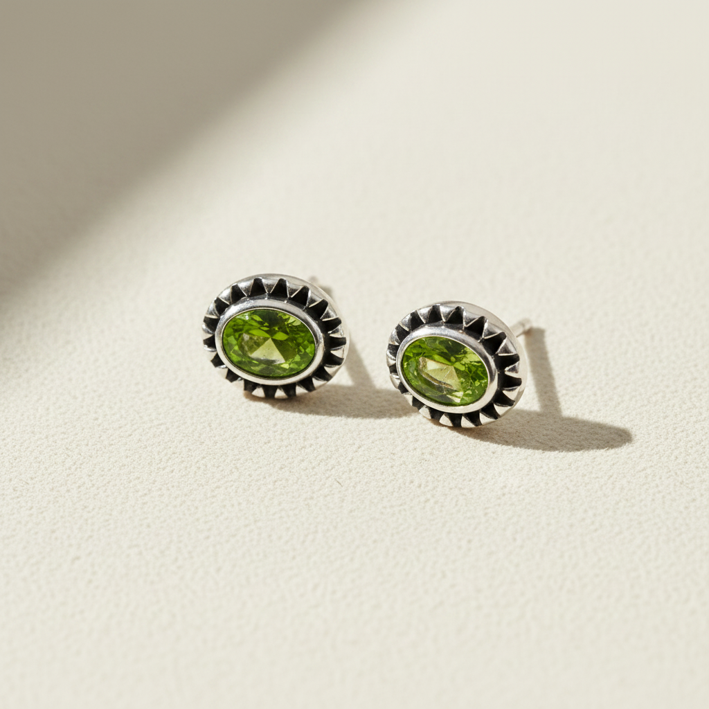 Gemstone stud earrings with green oval center and silver beaded halo