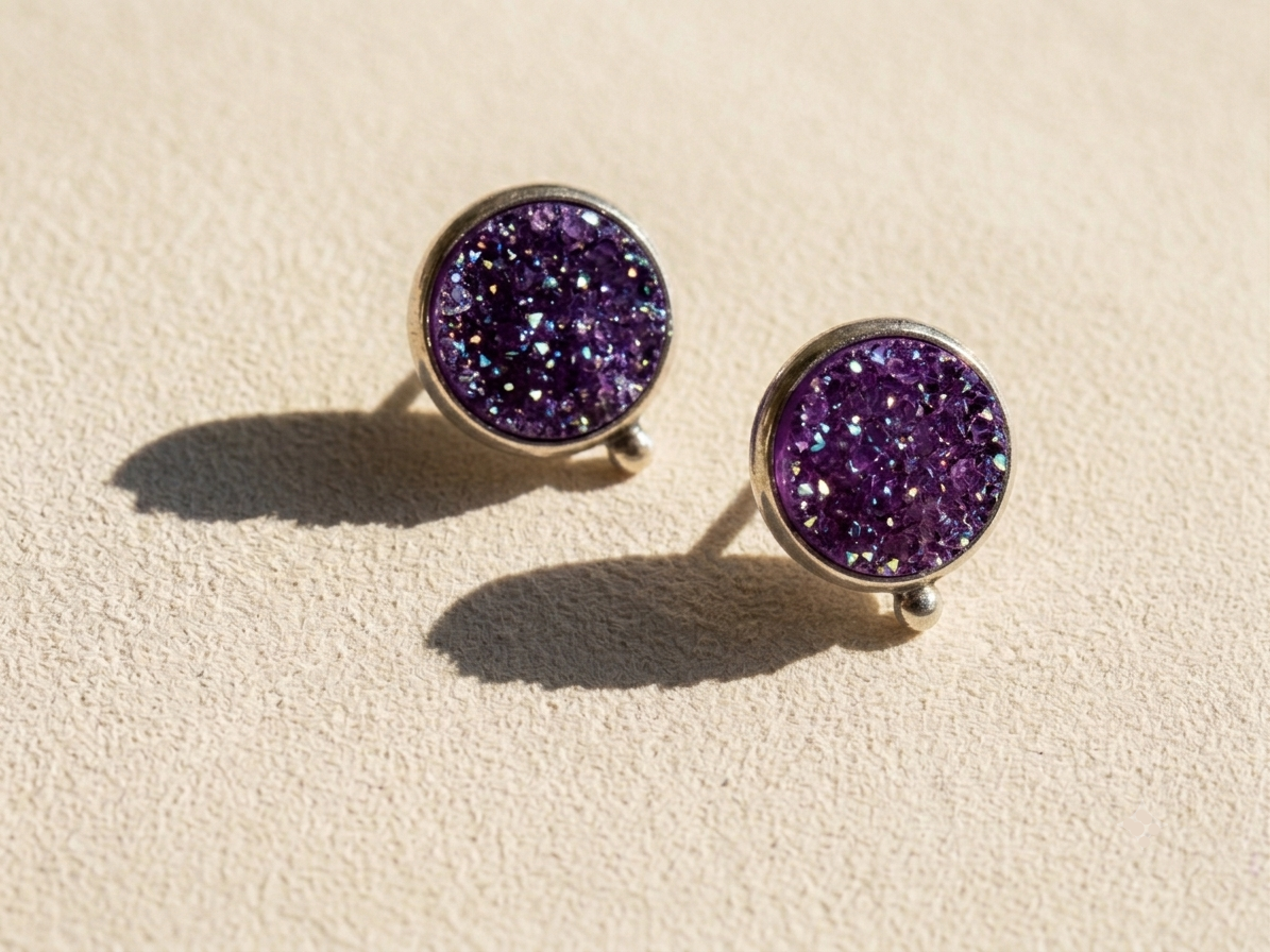 Purple druzy round stud earrings with silver-tone bezel