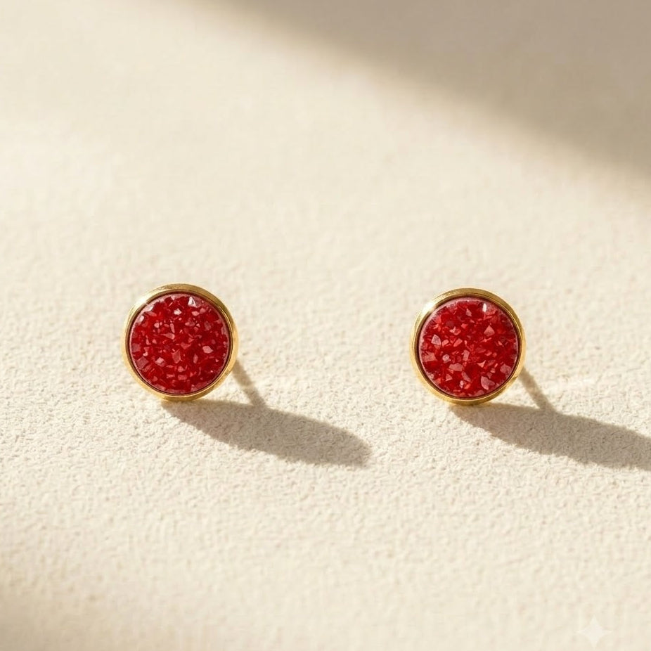 Round druzy stud earrings with red stone, gold-tone bezel, post-back closure