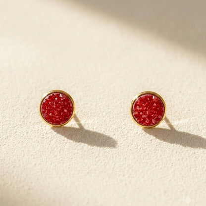 Round druzy stud earrings with red stone, gold-tone bezel, post-back closure