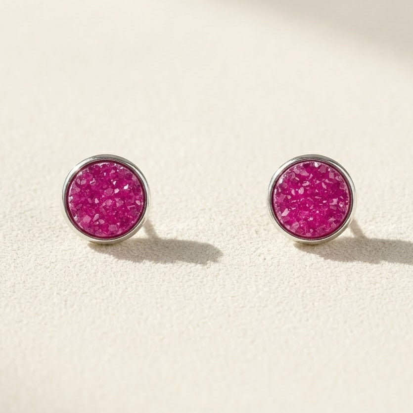 Round druzy stud earrings with bright pink stone, silver-tone bezel, post-back closure