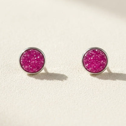 Round druzy stud earrings with bright pink stone, silver-tone bezel, post-back closure