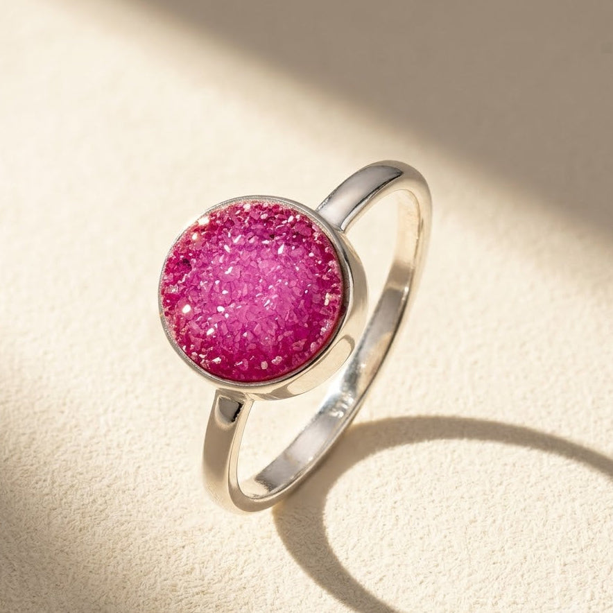Round druzy ring in sterling silver with pink druzy stone