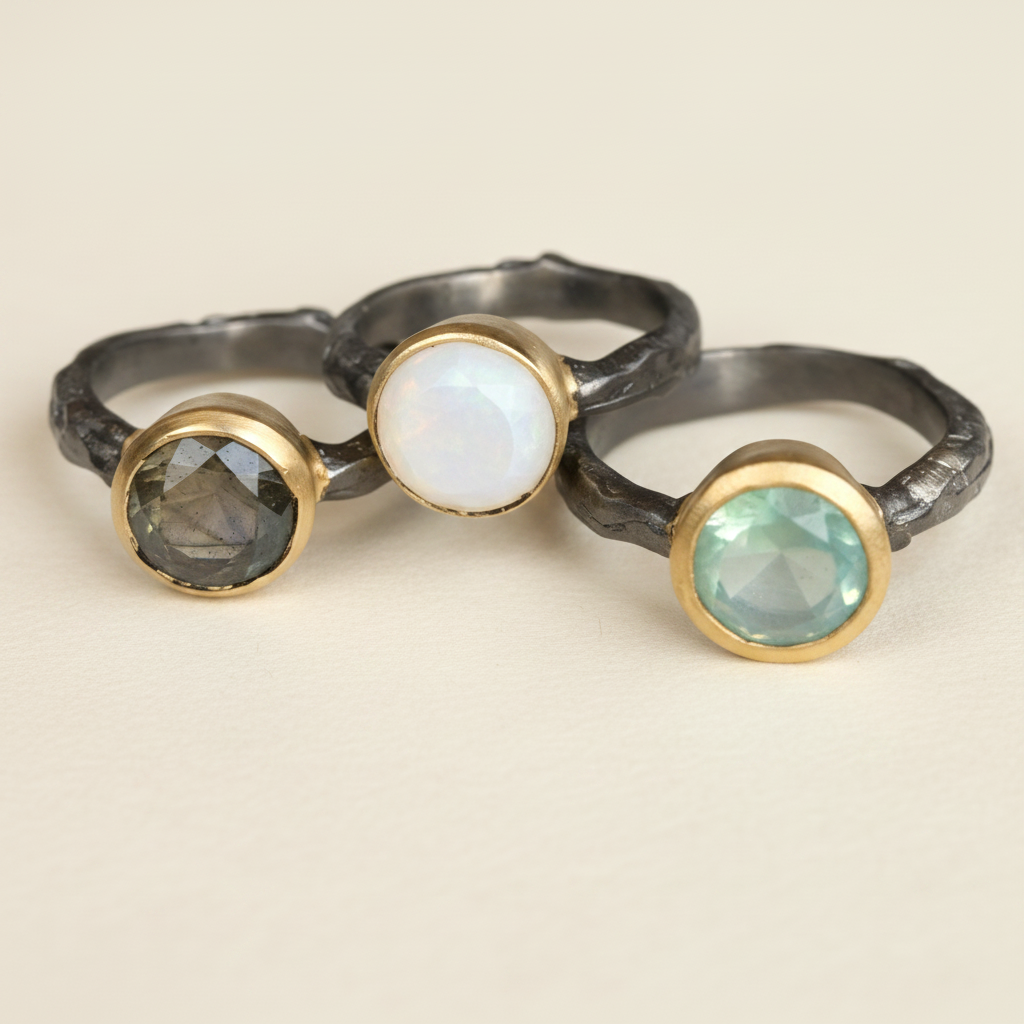 Stacked hammered band chalcedony rings with white, green, and smoky stones, gold bezel