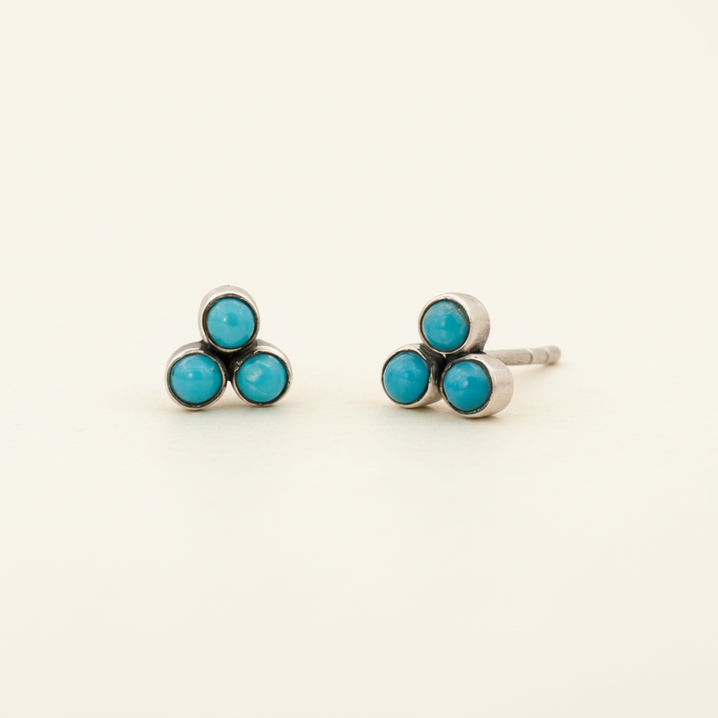 Turquoise clover stud earrings with three round turquoise stones in silver-tone bezels